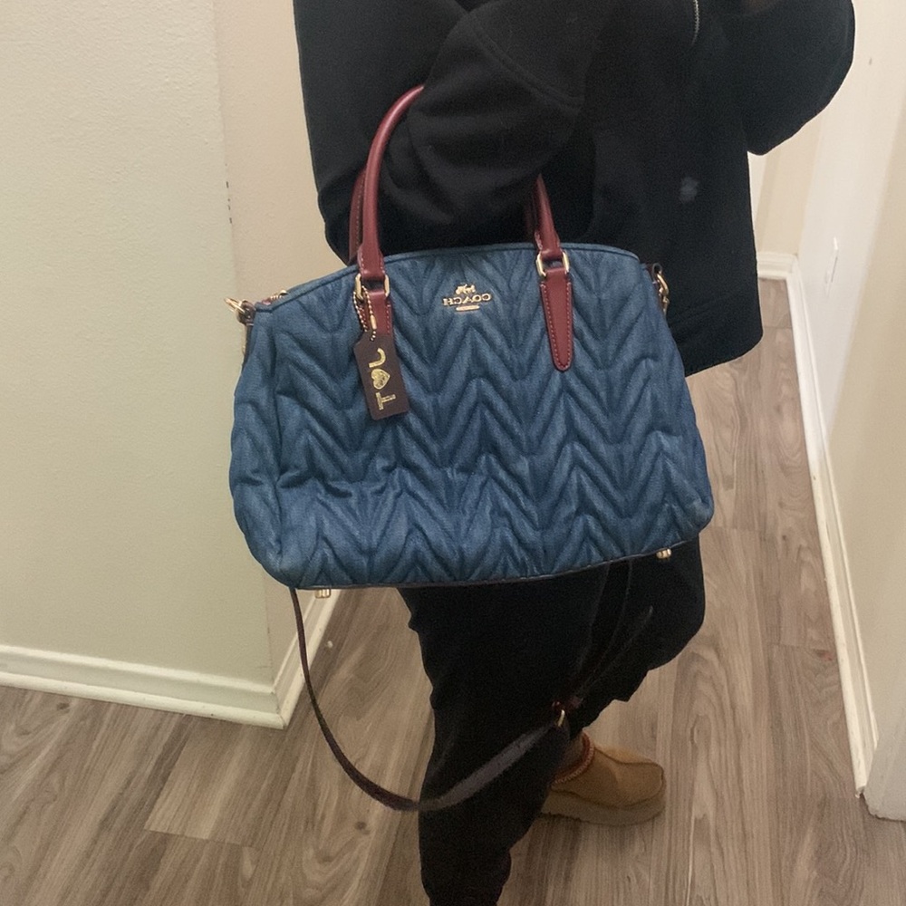 Coach Quilted Navy Denim Satchel with Burgundy Leather Trim - Picture 6 of 15